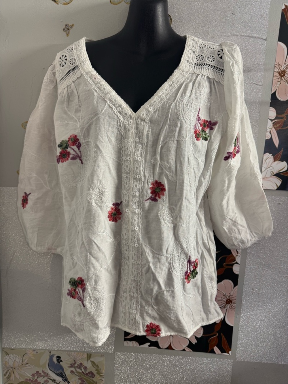 White Floral Embroidered Peasant Blouse - Women's Top